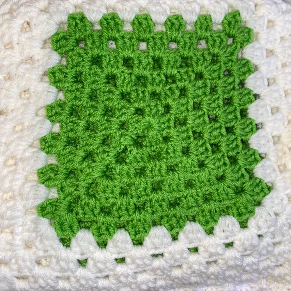 VTG Handmade Crochet Granny Square Afghan Blanket Throw 70x44 Green White Cream